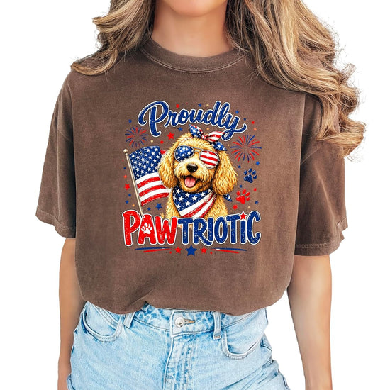Detail shot of patriotic doodle dog graphic with red white and blue vintage lettering