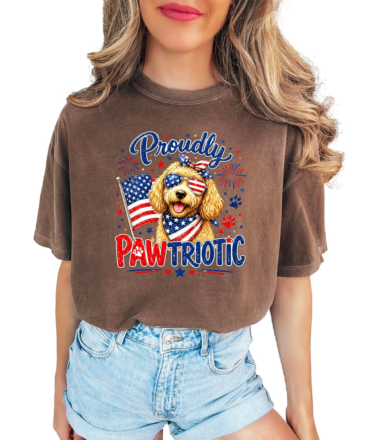 Detail shot of patriotic doodle dog graphic with red white and blue vintage lettering