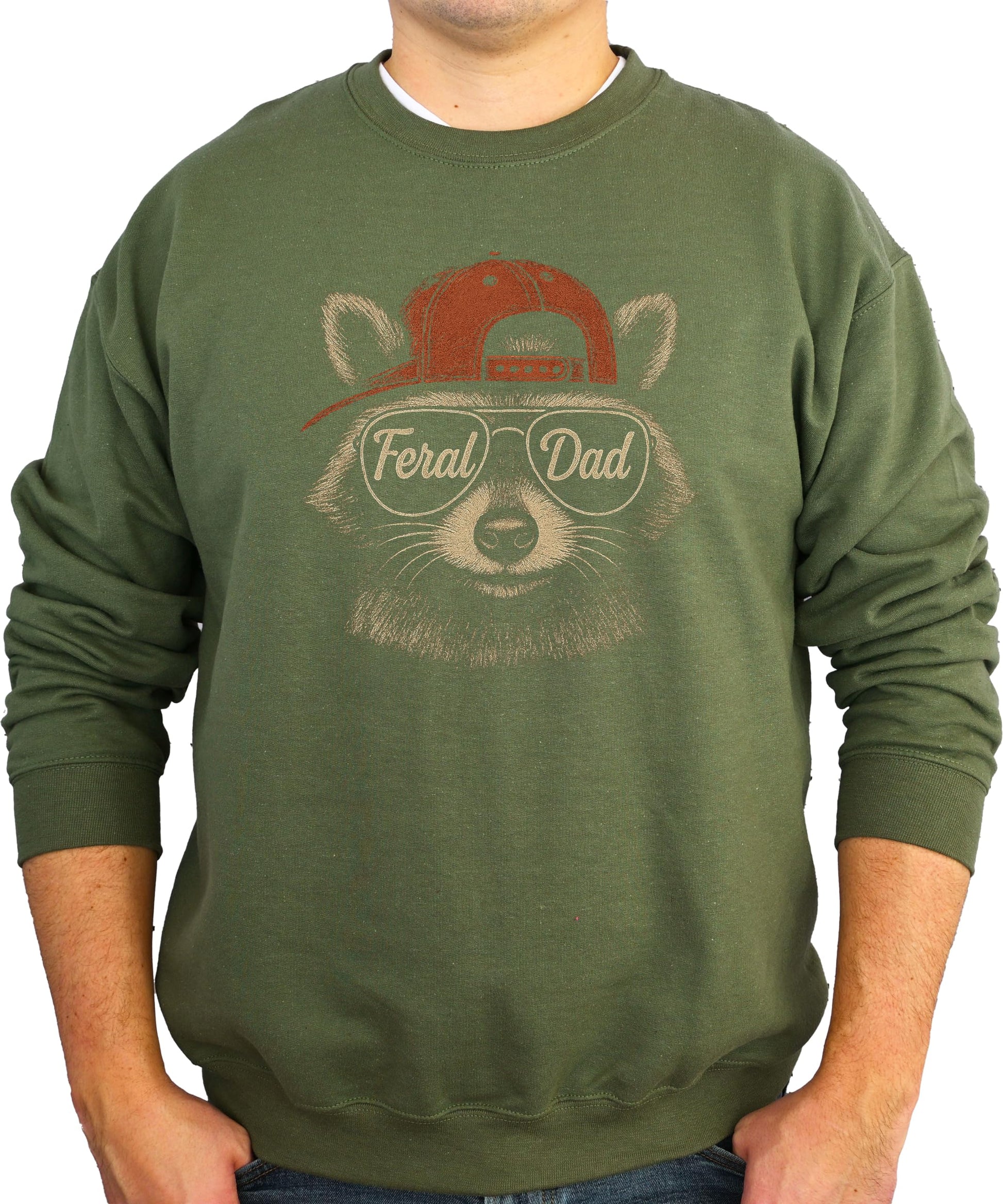 Black sweatshirt displaying humorous Feral Dad raccoon illustration with text