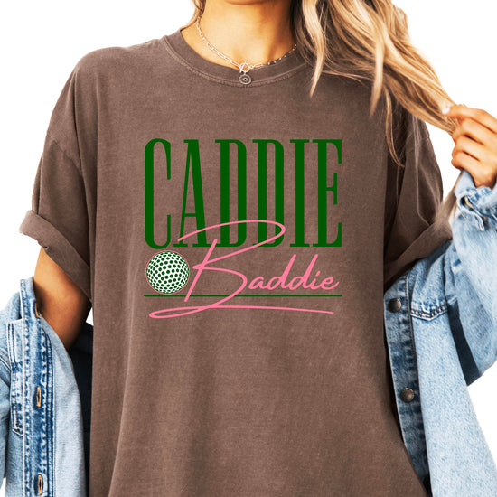 Lifestyle shot of Caddie Baddie golf shirt worn casually