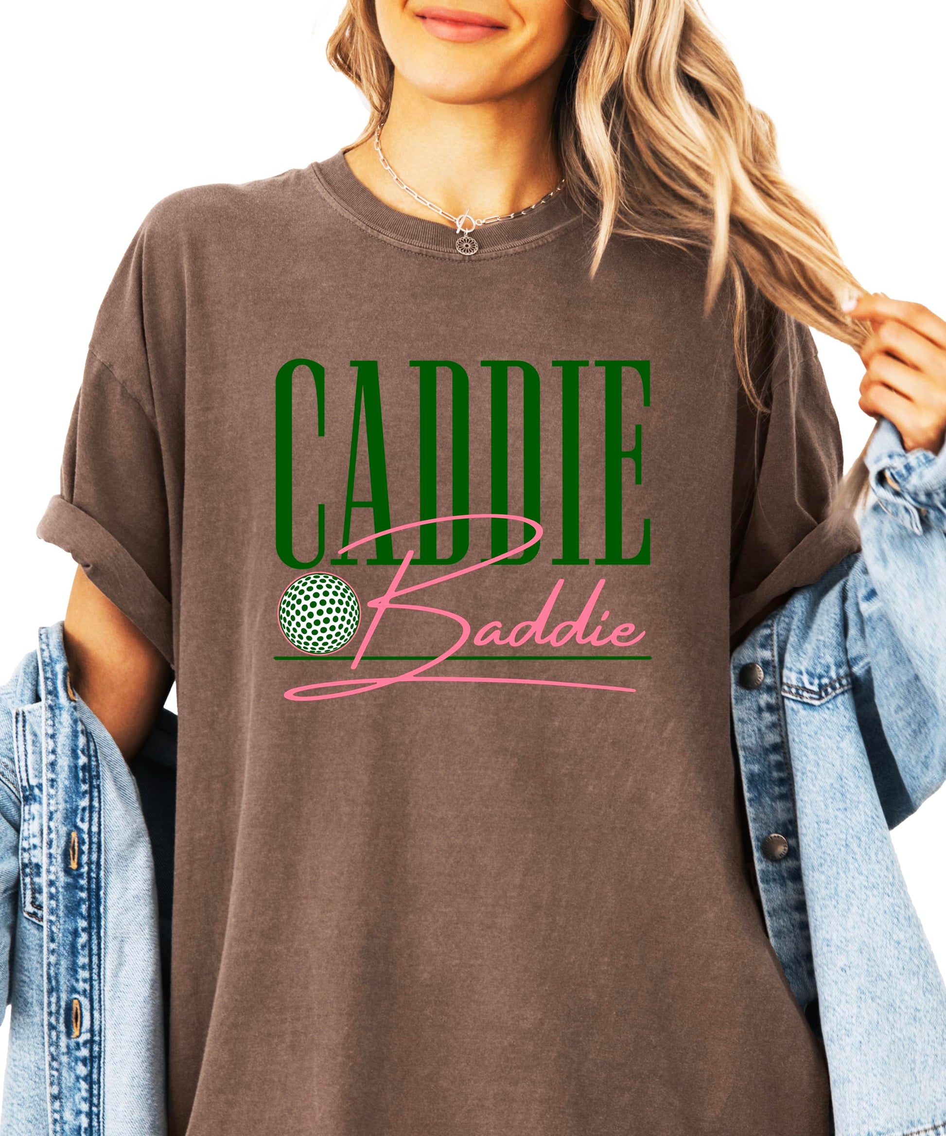 Lifestyle shot of Caddie Baddie golf shirt worn casually
