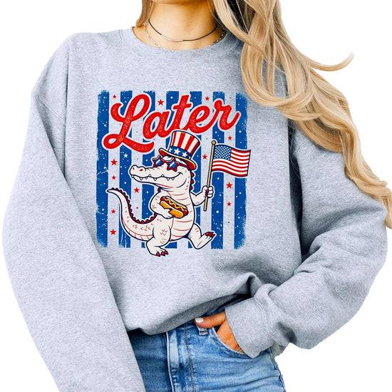 Gray Later Gator patriotic sweatshirt displaying funny alligator mascot with Independence Day theme