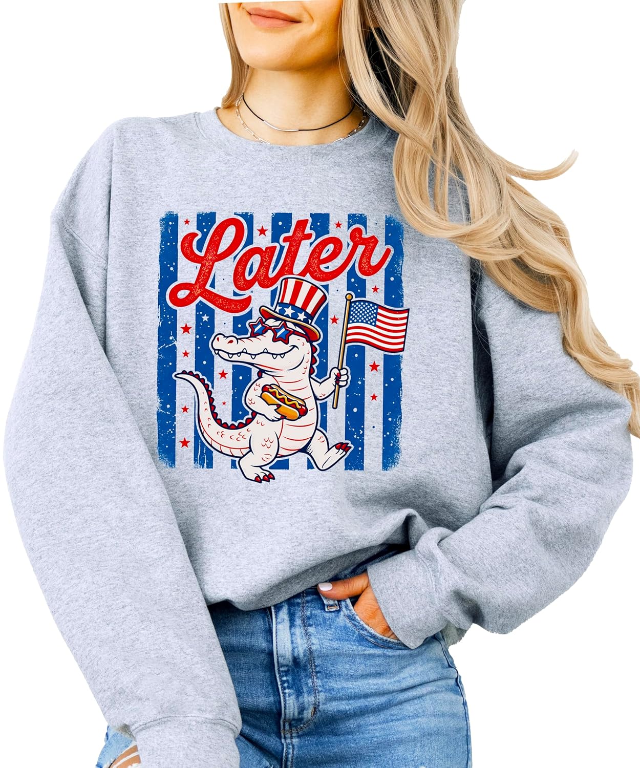 Gray Later Gator patriotic sweatshirt displaying funny alligator mascot with Independence Day theme
