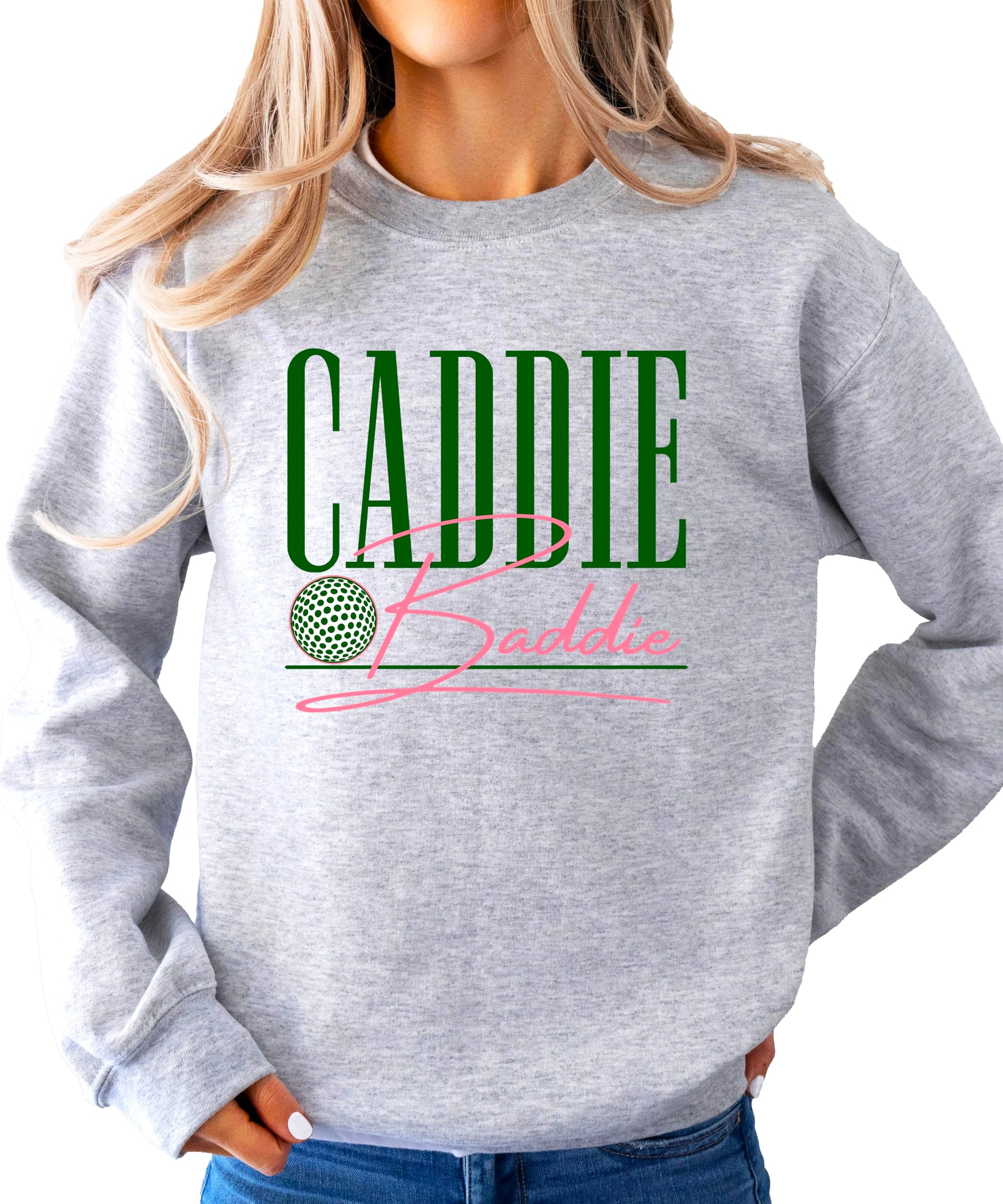Flat lay of Caddie Baddie golf sweatshirt showing design and fit
