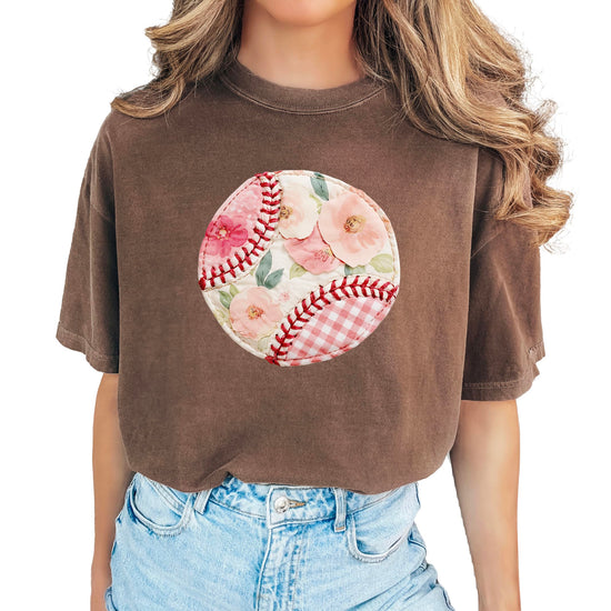Close-up of floral gingham baseball shirt showing ink-printed design and patchwork aesthetic