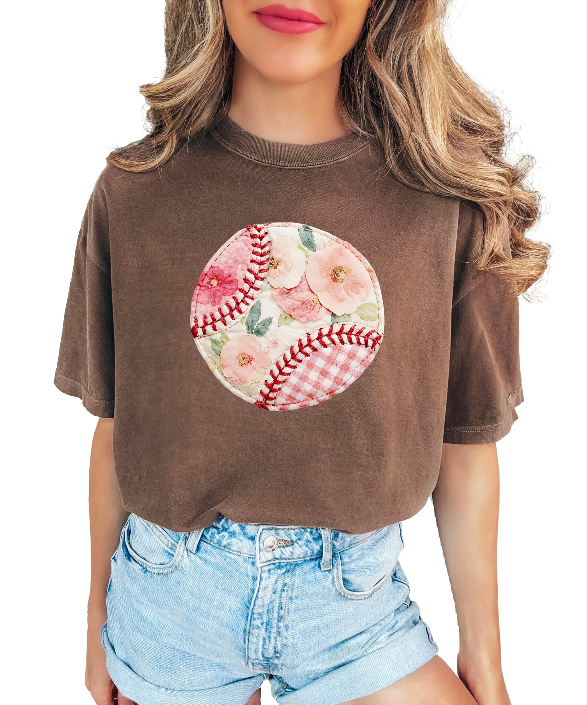 Close-up of floral gingham baseball shirt showing ink-printed design and patchwork aesthetic