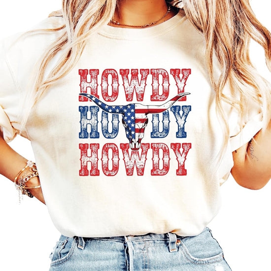 Product details and care instructions for Howdy American flag bull skull Western tee