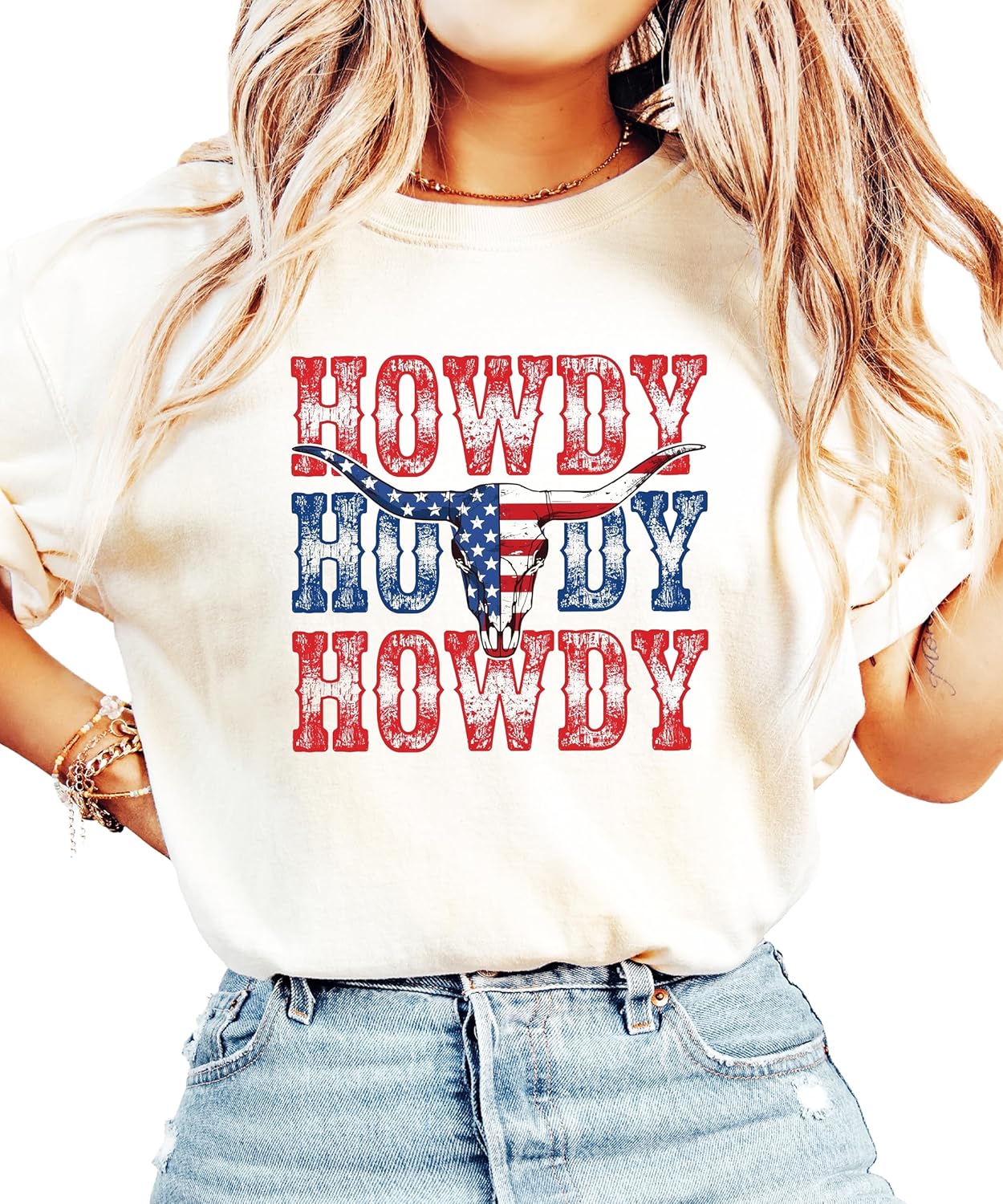 Product details and care instructions for Howdy American flag bull skull Western tee
