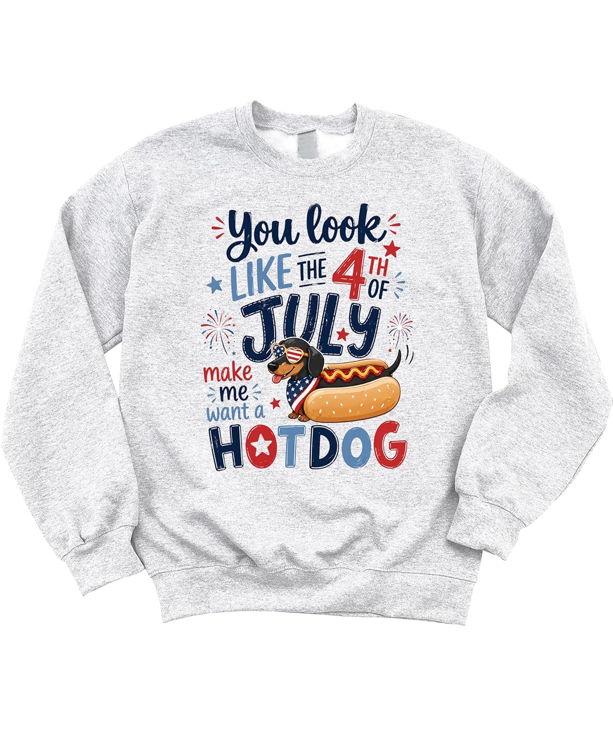 Close-up of funny dachshund in heart sunglasses hotdog bun graphic with patriotic text and fireworks