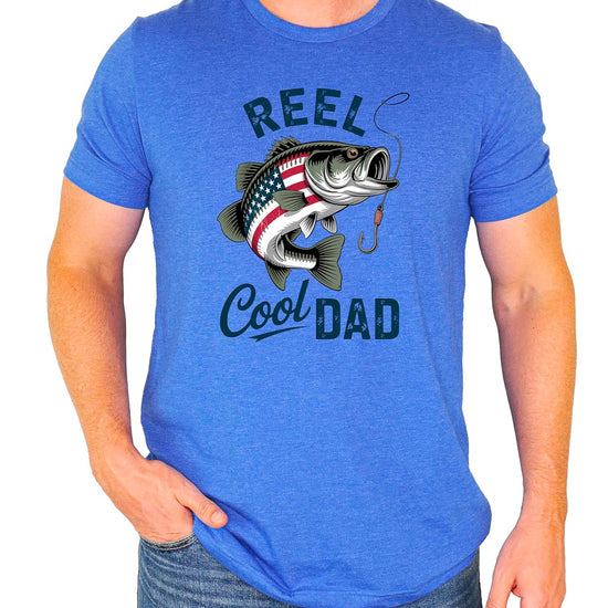 Funny fishing dad shirt with patriotic bass graphic design on natural colored tee