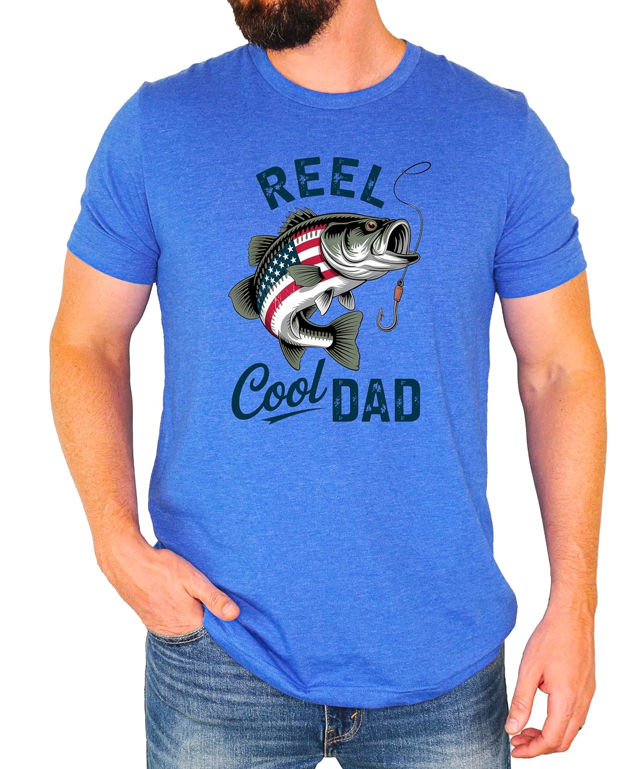 Funny fishing dad shirt with patriotic bass graphic design on natural colored tee