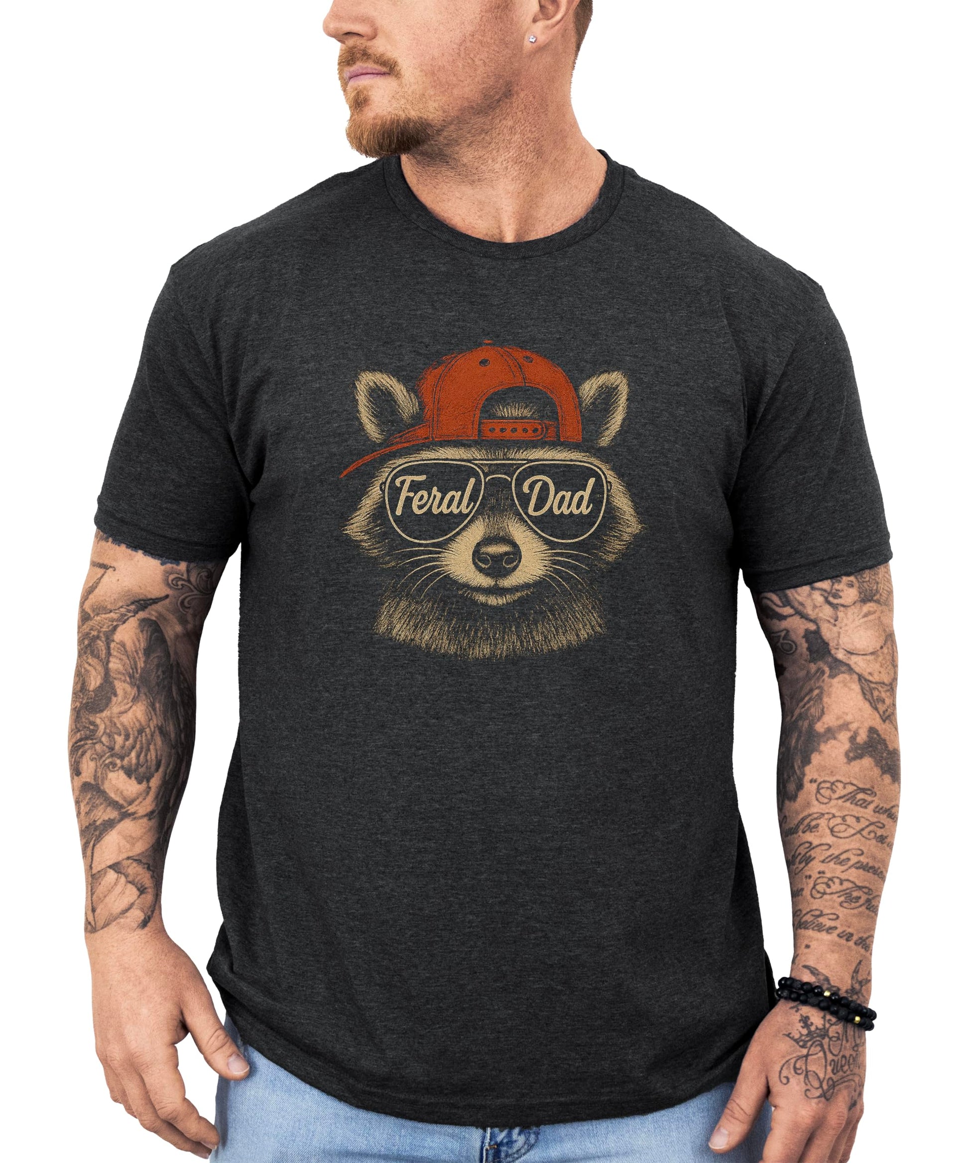 Close-up of Feral Dad raccoon design on black men's t-shirt showing detailed artwork