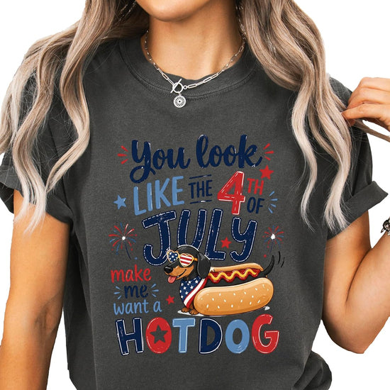 Detail shot of hot dog dachshund graphic with red white blue colors and typography