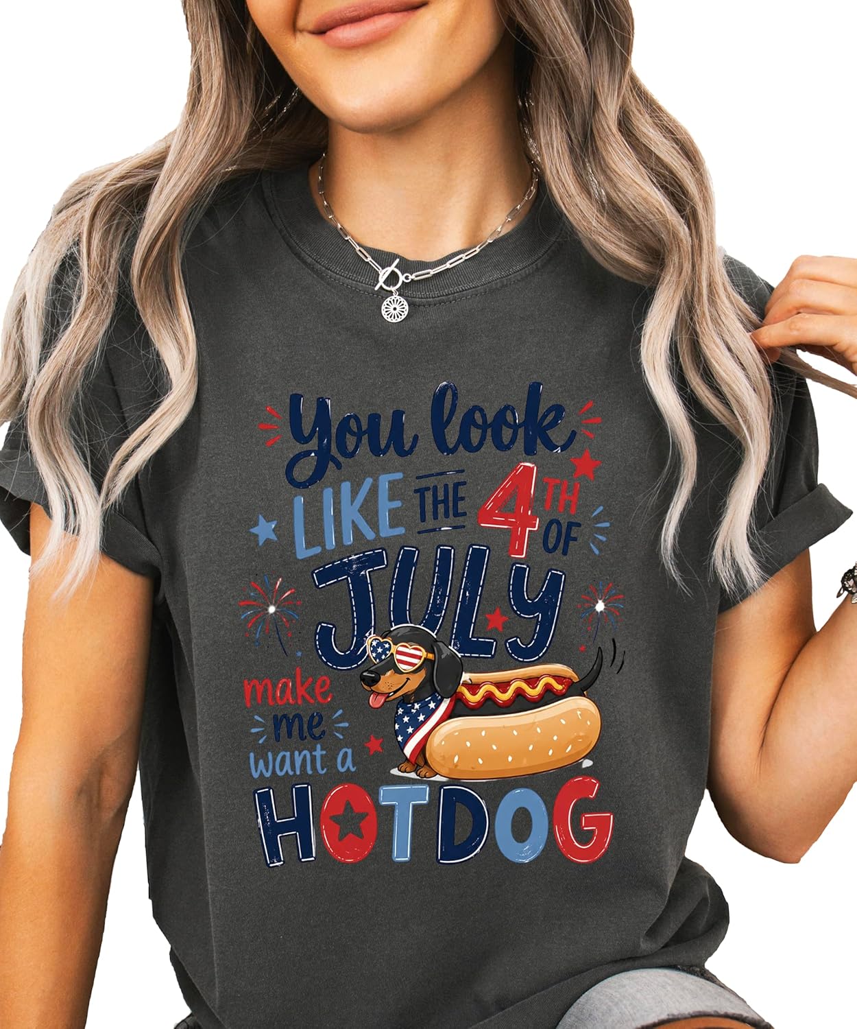 Detail shot of hot dog dachshund graphic with red white blue colors and typography