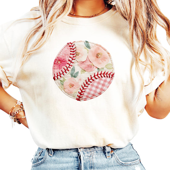 Baseball mom shirt styled on model showing comfortable fit and feminine floral design