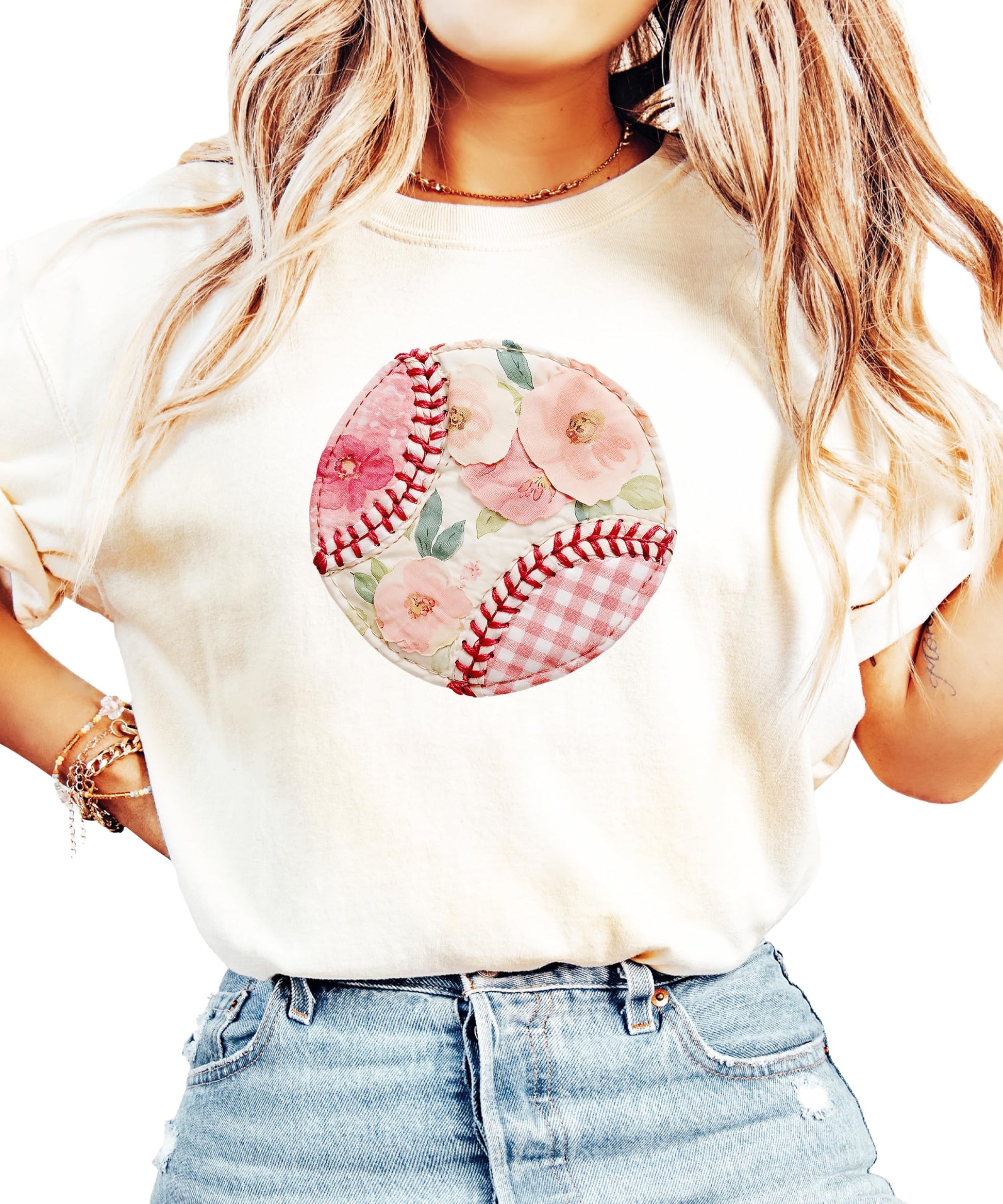 Baseball mom shirt styled on model showing comfortable fit and feminine floral design