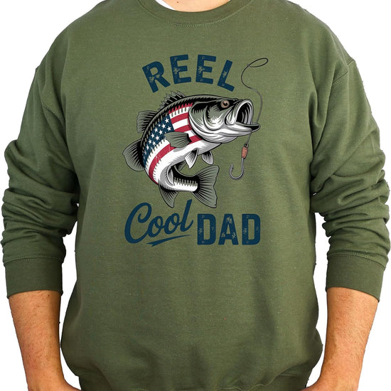Army green Reel Cool Dad fishing sweatshirt with patriotic bass design