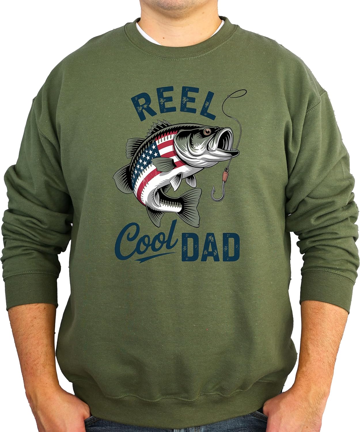 Army green Reel Cool Dad fishing sweatshirt with patriotic bass design