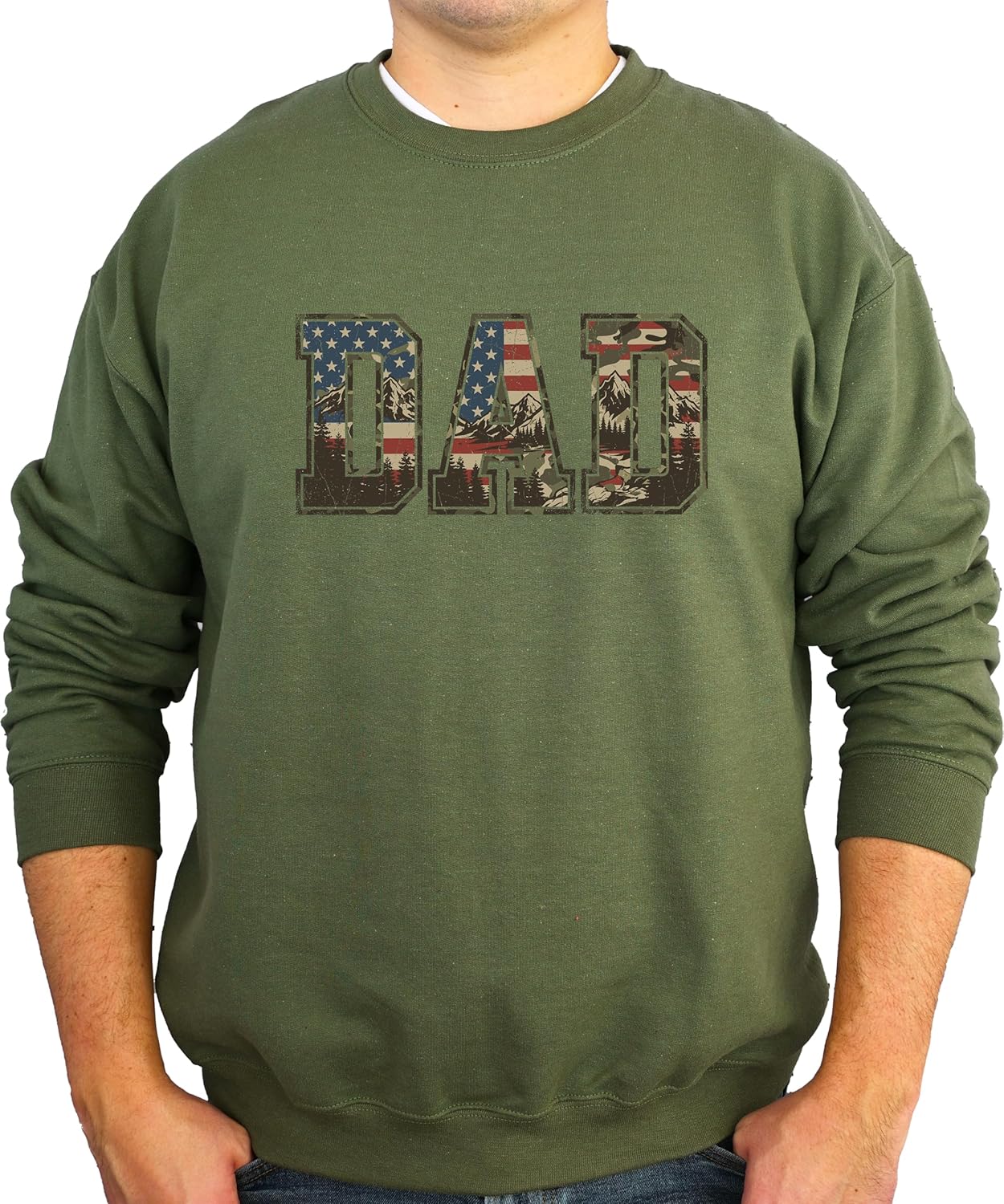 Sand colored patriotic dad sweatshirt flat lay showing American flag camo mountain graphic