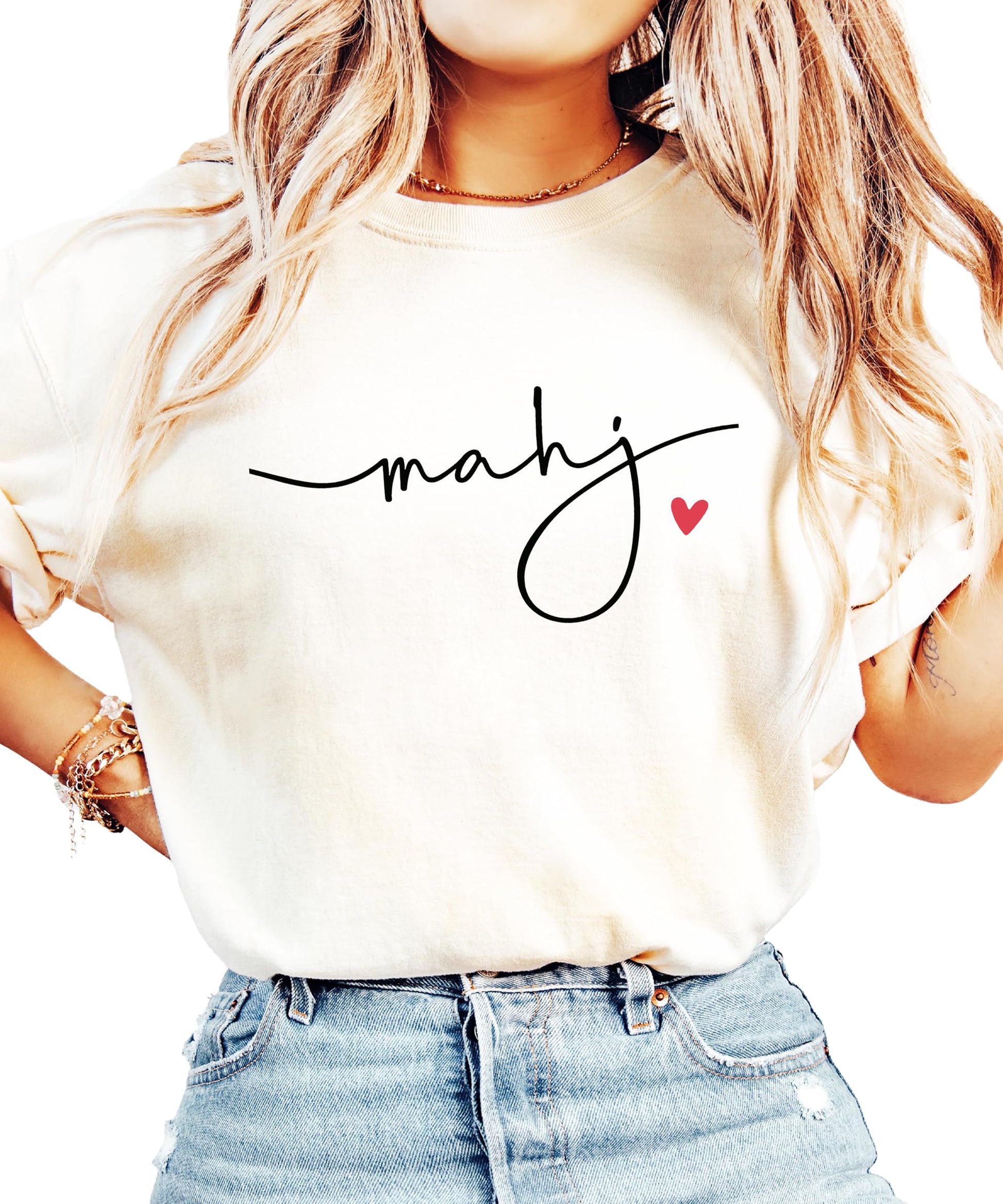 Close-up of hand-lettered mahj script design with red heart accent detail