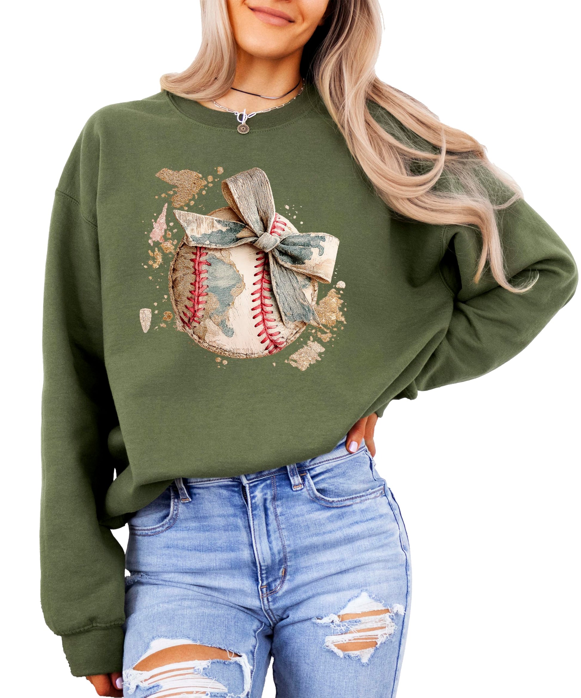 Army green camo bow baseball sweatshirt with gold accents displayed on white background