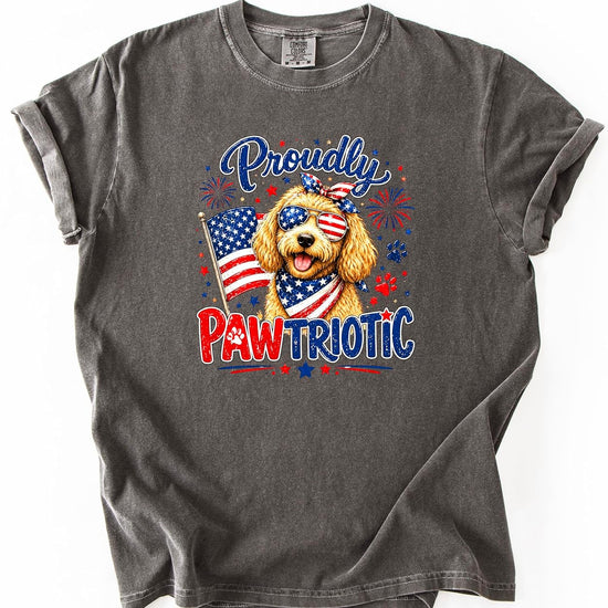 Back view of Proudly Pawtriotic doodle dog patriotic women's graphic tee shirt