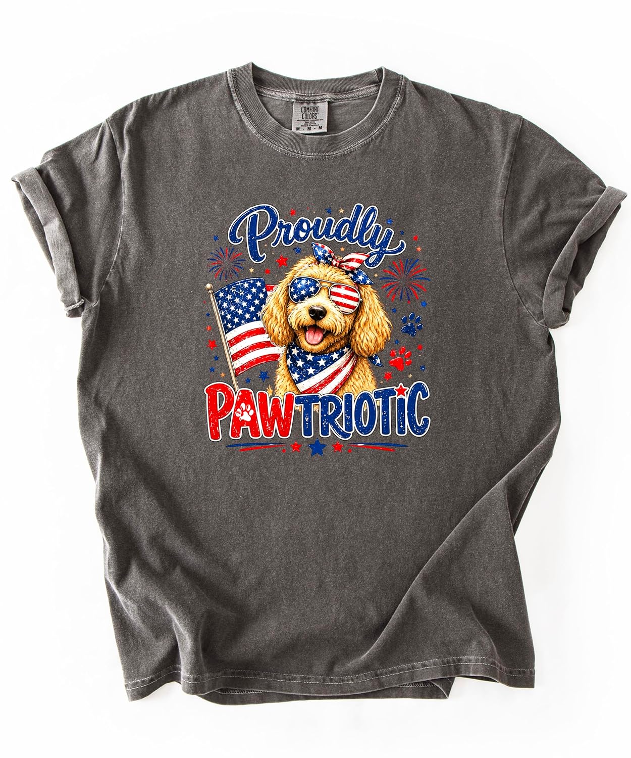 Back view of Proudly Pawtriotic doodle dog patriotic women's graphic tee shirt