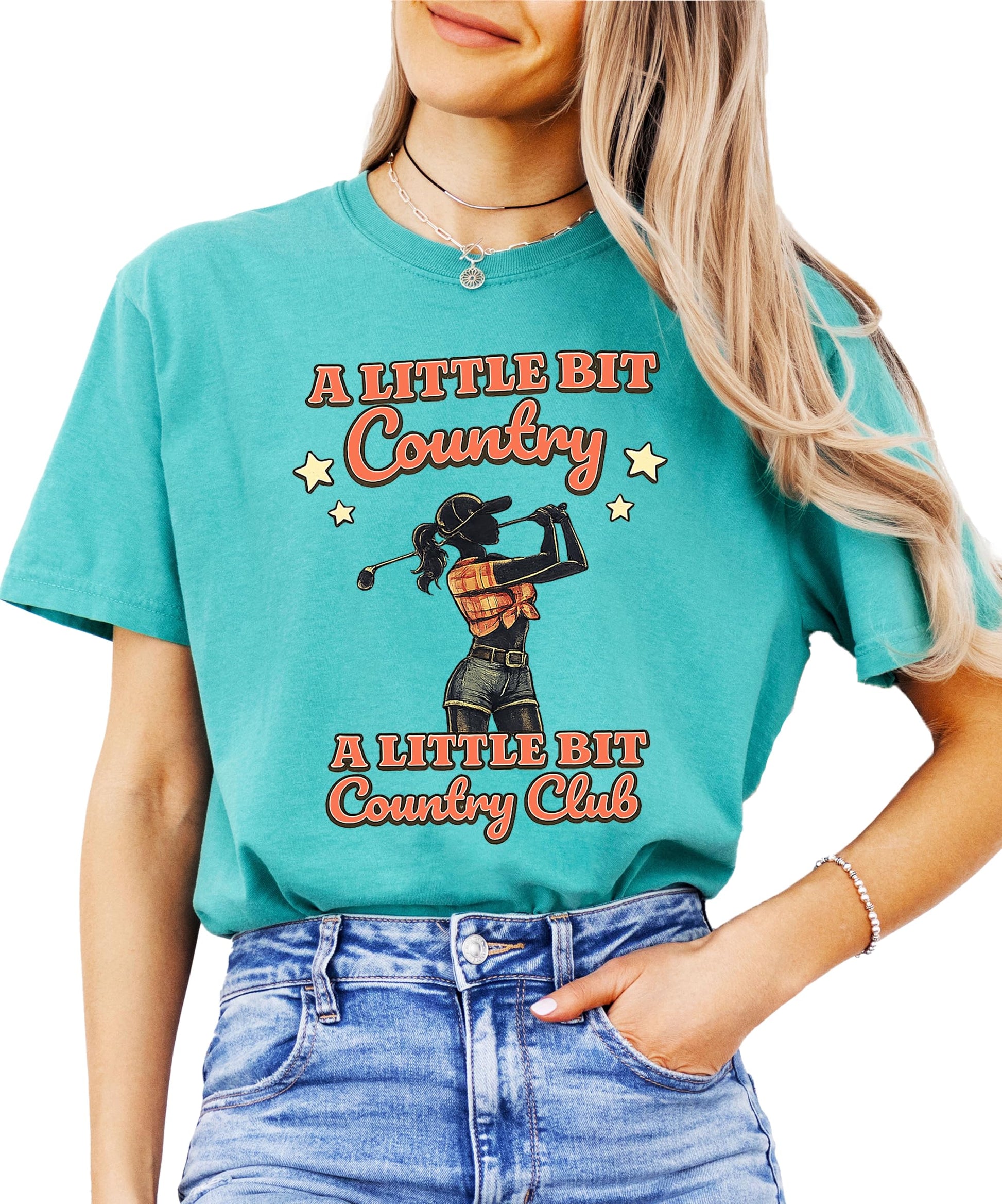 Side view of women's country club themed graphic t-shirt in blue