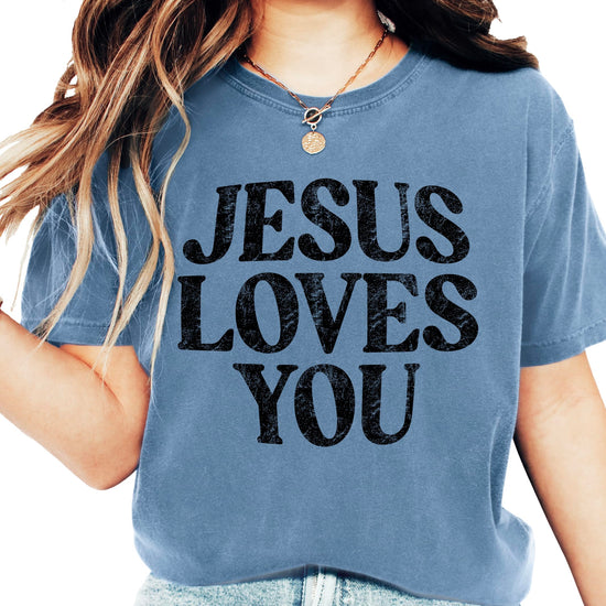 Size and fit guide chart for Jesus Loves You women's Christian faith shirt