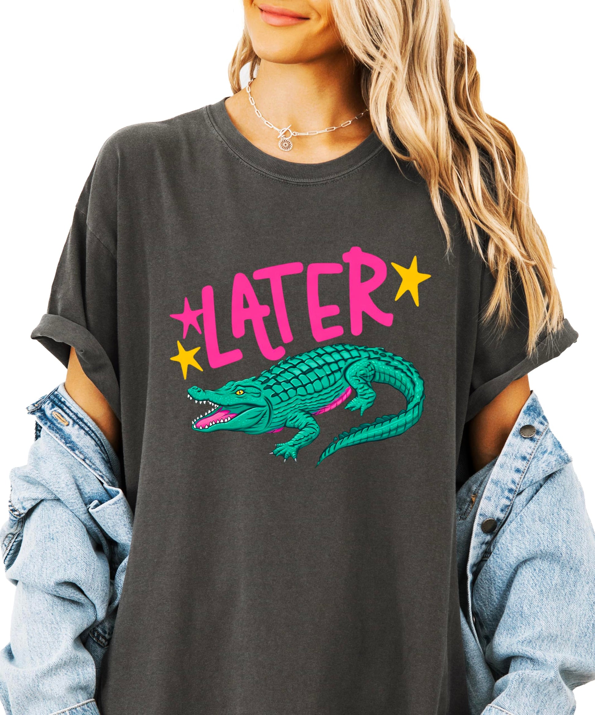 Women's crocodile humor tee flat lay showing front Later Gator design