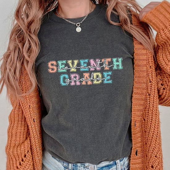 Seventh grade teacher shirt product mockup displaying bold lettering design
