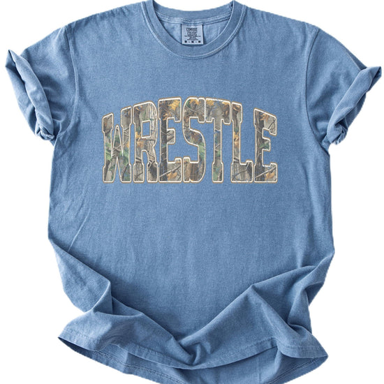 Camo wrestling graphic tee with bold wrestling text design on unisex shirt