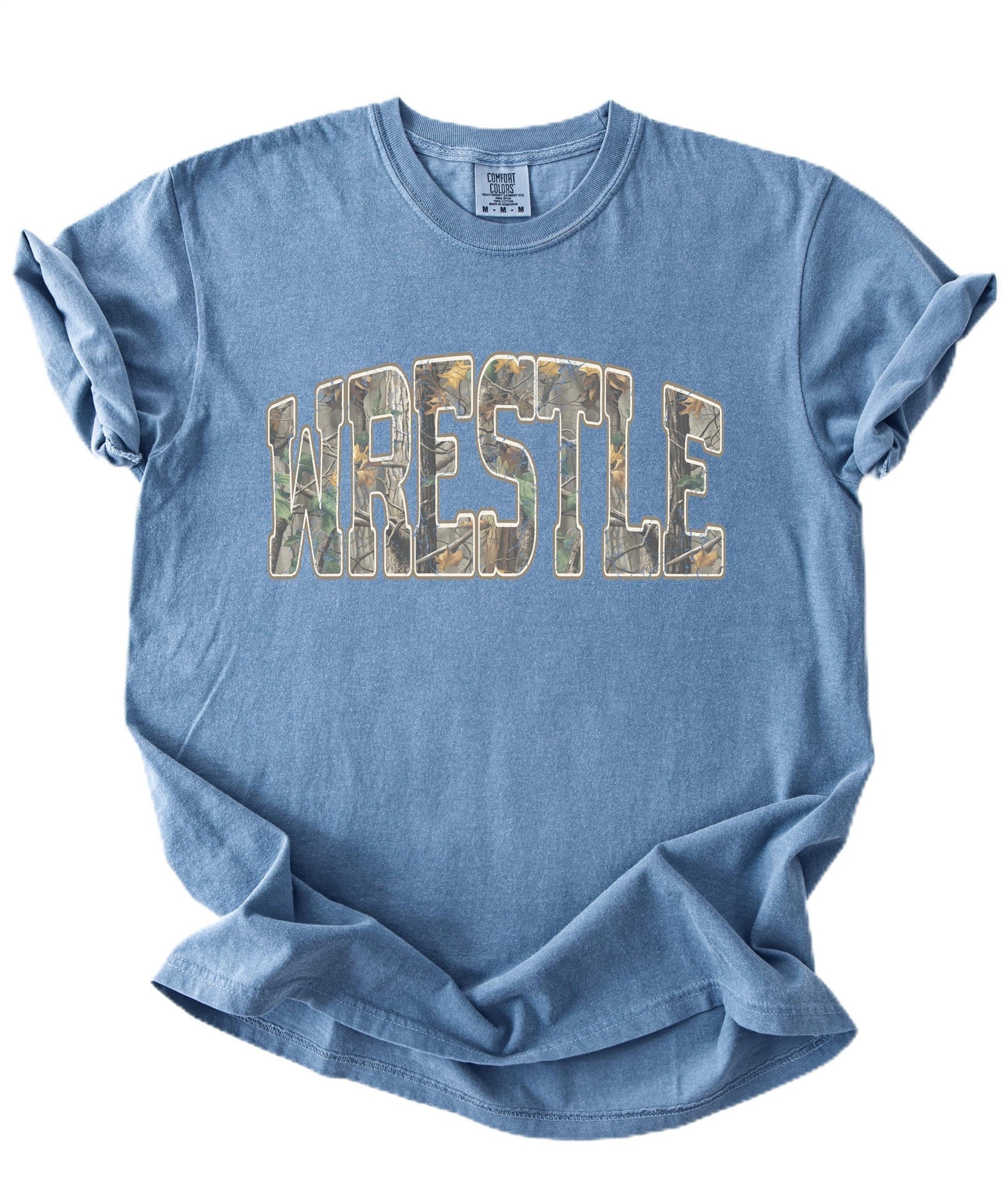Camo wrestling graphic tee with bold wrestling text design on unisex shirt