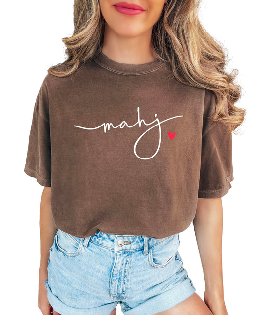 Model wearing mahj script shirt styled with jeans for casual mahjong game day look