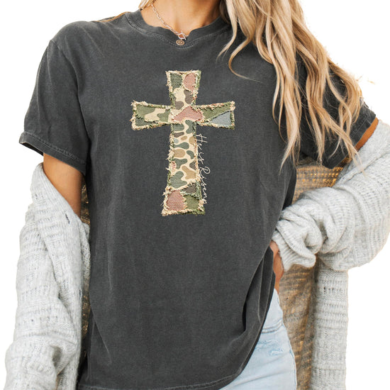 Back view of women's blue Easter faith t-shirt showing fit and style