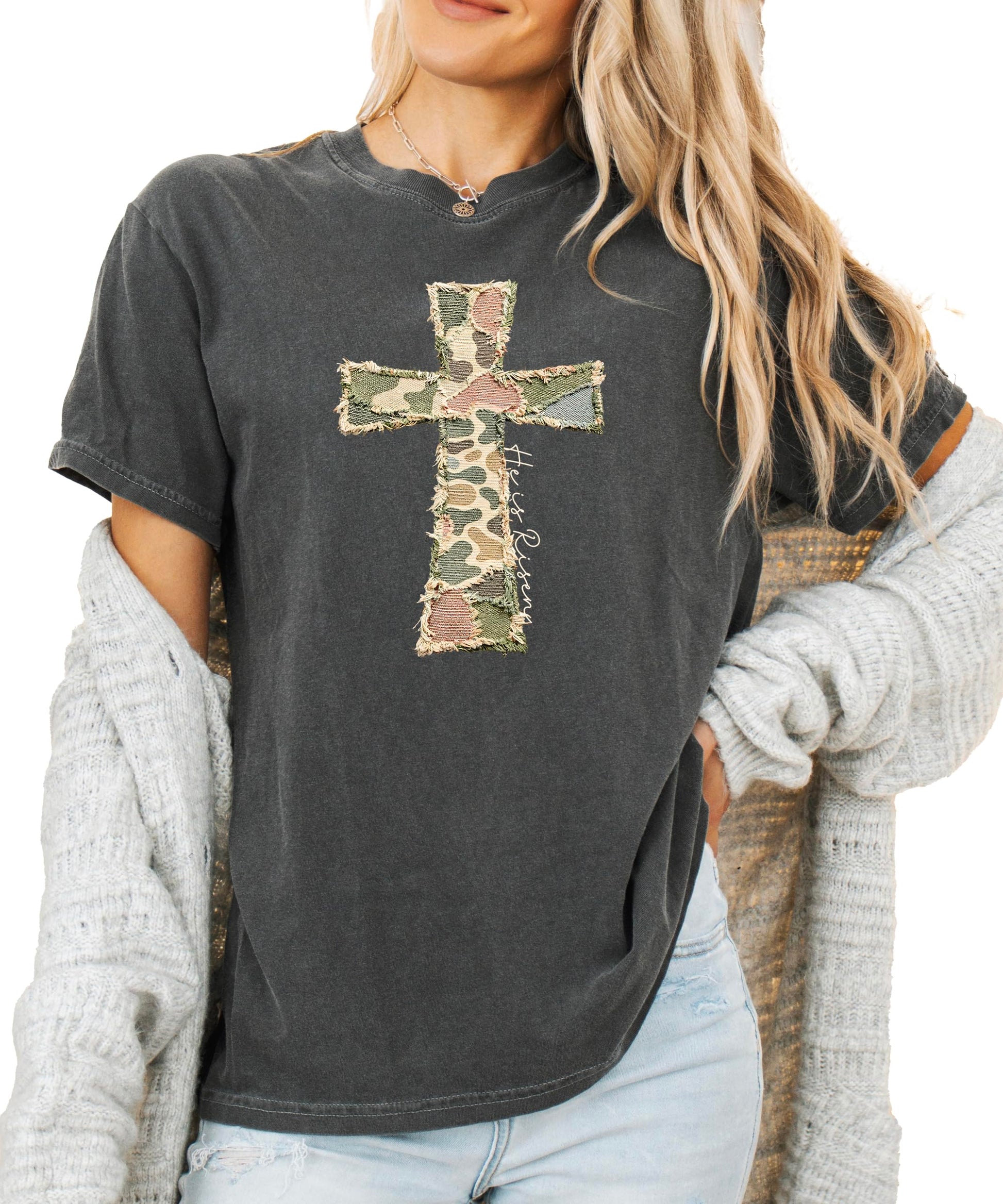 Back view of women's blue Easter faith t-shirt showing fit and style