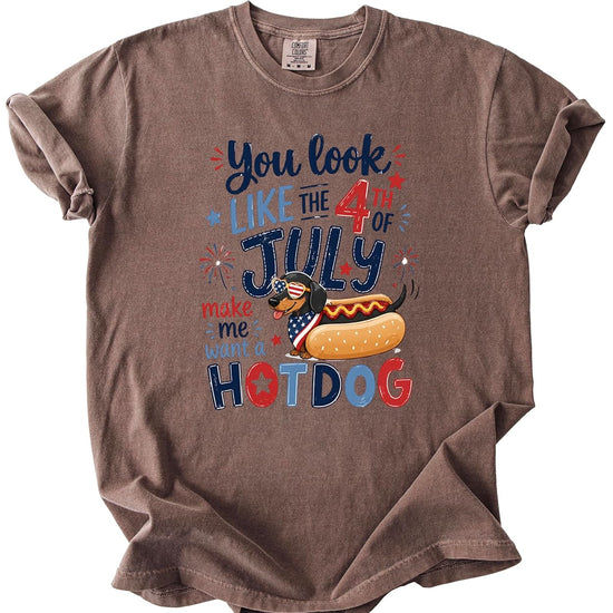 Funny patriotic dachshund hot dog t-shirt with You Look Like 4th of July text on heather gray tee