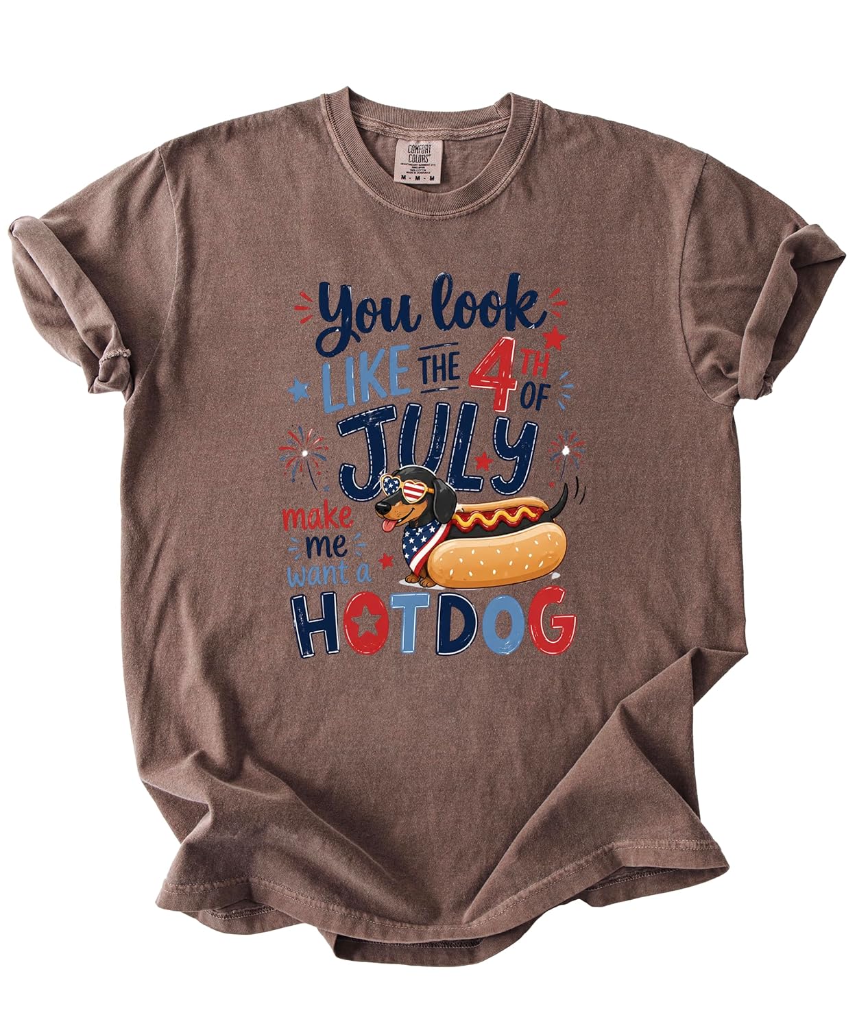 Funny patriotic dachshund hot dog t-shirt with You Look Like 4th of July text on heather gray tee