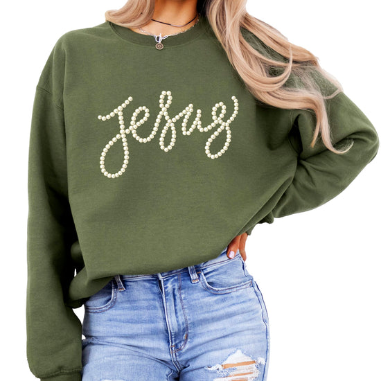 Army green Jesus sweatshirt with elegant pearl script lettering on front for women