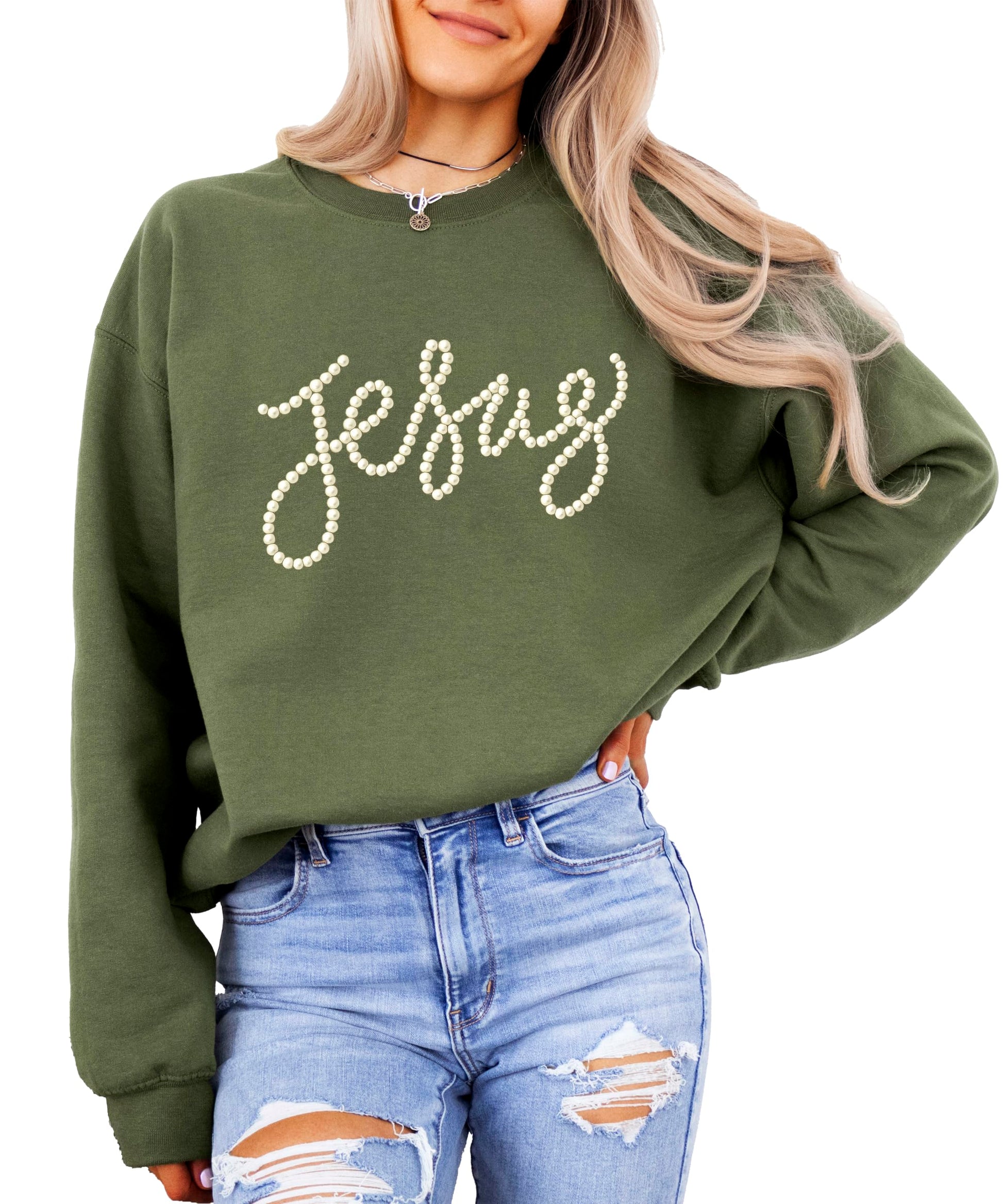 Army green Jesus sweatshirt with elegant pearl script lettering on front for women