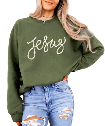 Army green Jesus sweatshirt with elegant pearl script lettering on front for women