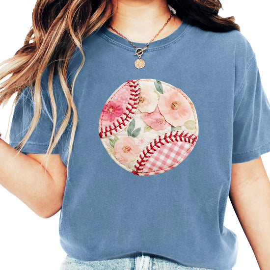 Women's floral gingham baseball shirt with pink details and raglan sleeves on white background