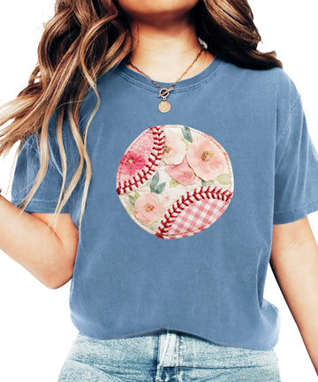 Women's floral gingham baseball shirt with pink details and raglan sleeves on white background