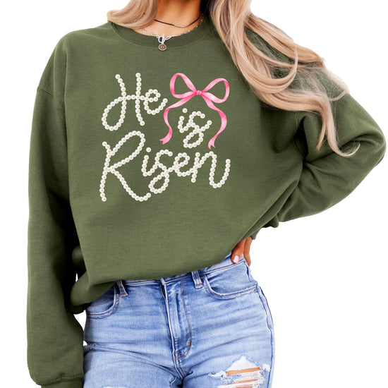 Women's Easter sweatshirt styled with jeans showing relaxed fit and Christian faith design