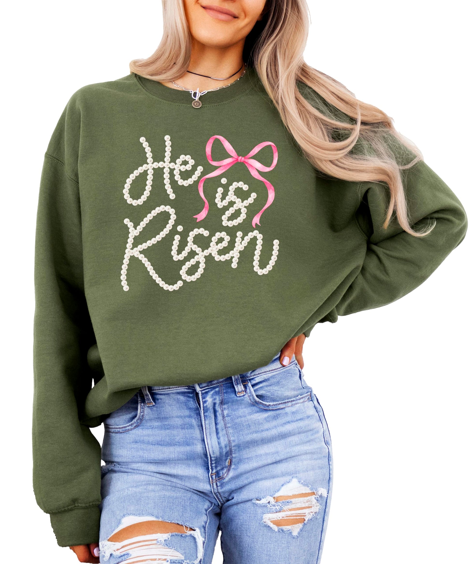 Women's Easter sweatshirt styled with jeans showing relaxed fit and Christian faith design