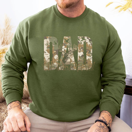Back view of army green hunting sweatshirt showing plain back design