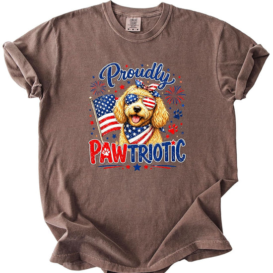 Close-up of patriotic doodle dog design with stars and stripes bandana and American flag graphics