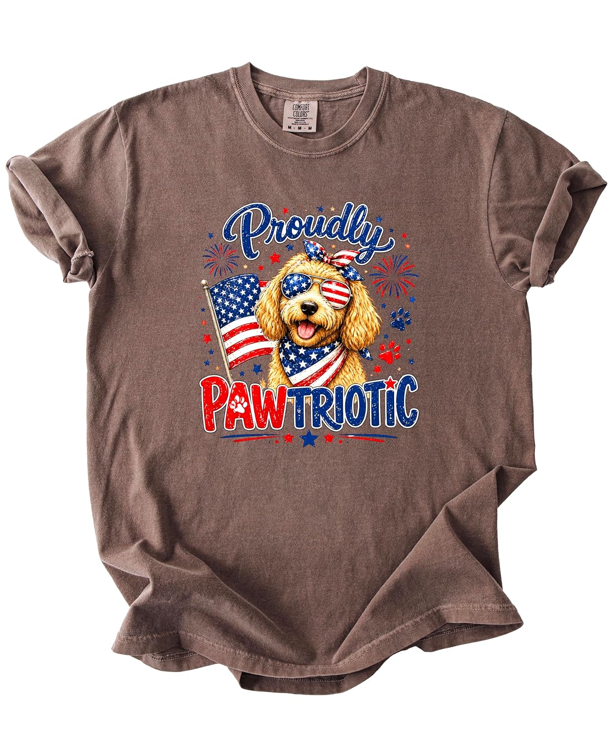Close-up of patriotic doodle dog design with stars and stripes bandana and American flag graphics