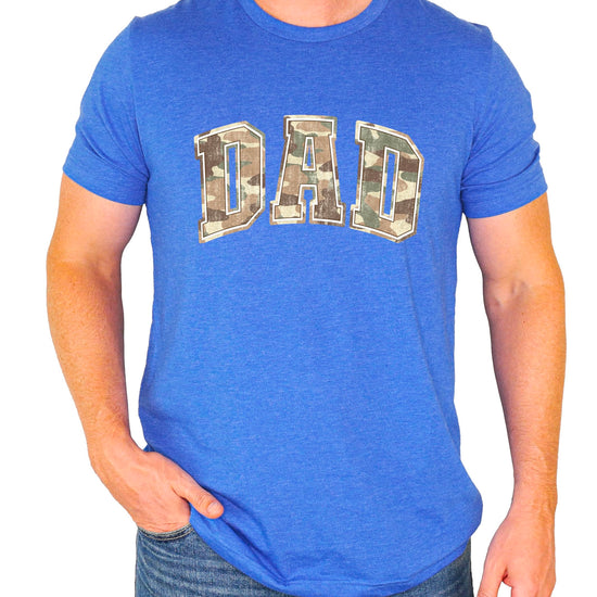 Men's camo dad shirt flat lay showing full design and fit