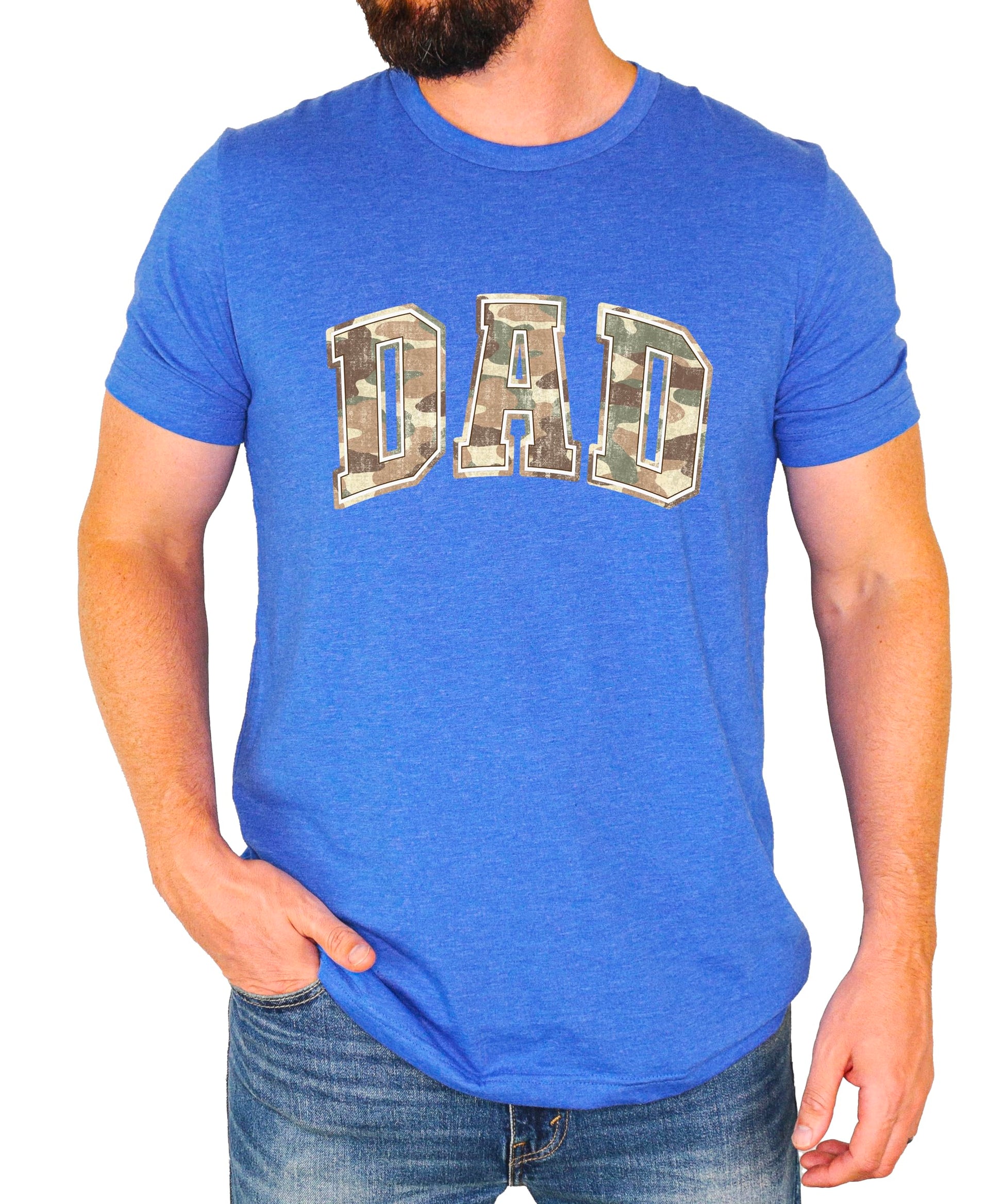 Men's camo dad shirt flat lay showing full design and fit